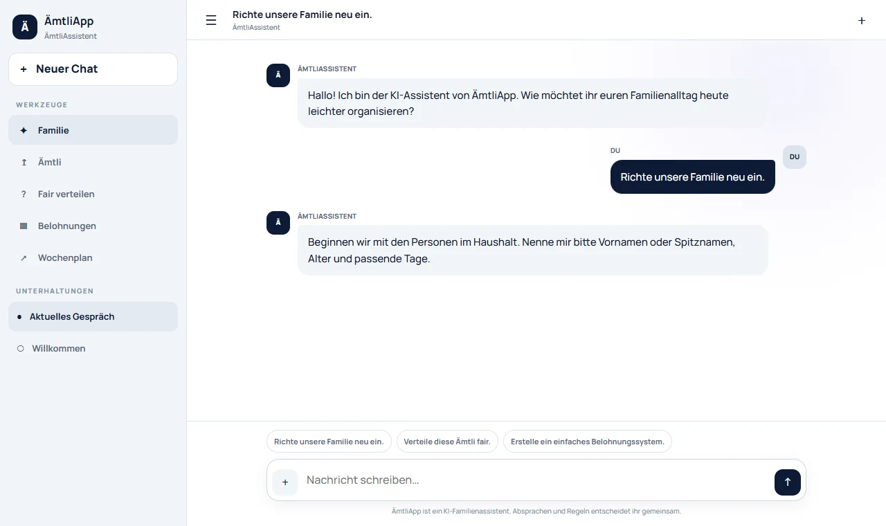 Responsive Innenansicht der ÄmtliApp mit Familienassistent, Werkzeugen und Chat